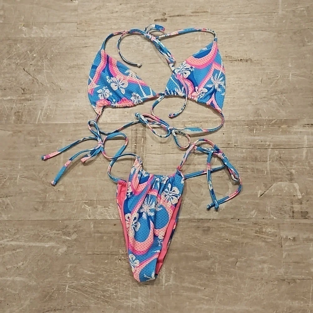 💕FRANKIES BIKINIS💕 Tia Mesh Triangle Top + String Bottom ~ Tropic Love XL NWOT